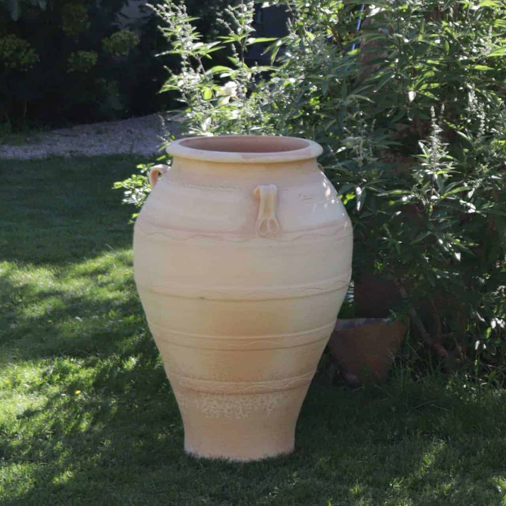 Die frostfeste Terrakotta-Amphore „Olea“ (H=100 cm), eine große, beige Amphore mit sanft nach oben zulaufender Form und zwei kleinen Henkeln am oberen Rand, steht im Freien auf einer Rasenfläche. Sie wird teilweise von nahegelegenen Olea-Büschen und Bäumen beschattet, wobei das Sonnenlicht durch das Laub fällt und weiche Schatten auf die Vase wirft.