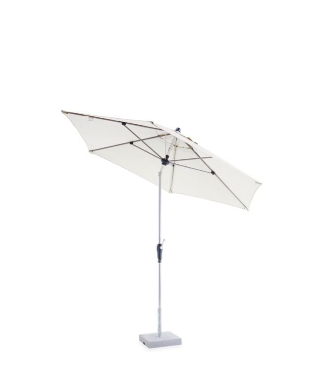 Ein weißer, verstellbarer Freiarm-Sonnenschirm mit einem Mast und Sockel aus Aluminium. Der Runder Sonnenschirm Lipari verstellbar ist geöffnet und lässt sich zur Seite neigen, um Schatten zu spenden. Der rechteckige Sockel scheint für Stabilität auf jeder Oberfläche ausgelegt zu sein. Der Hintergrund bleibt schlicht weiß und unterstreicht das schlanke Design.