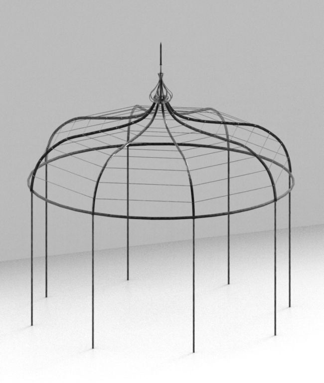 Ein minimalistischer, schwarzer Pavillon Solaire rund mit Drahtrahmen steht auf weißem Hintergrund. Die Struktur verfügt über ein gewölbtes Dach mit einer spitzen Spitze an der Spitze und offenen, gewölbten Seiten, sodass keine festen Oberflächen für Schatten oder Schutz vorhanden sind. Das Design ist einfach und elegant.