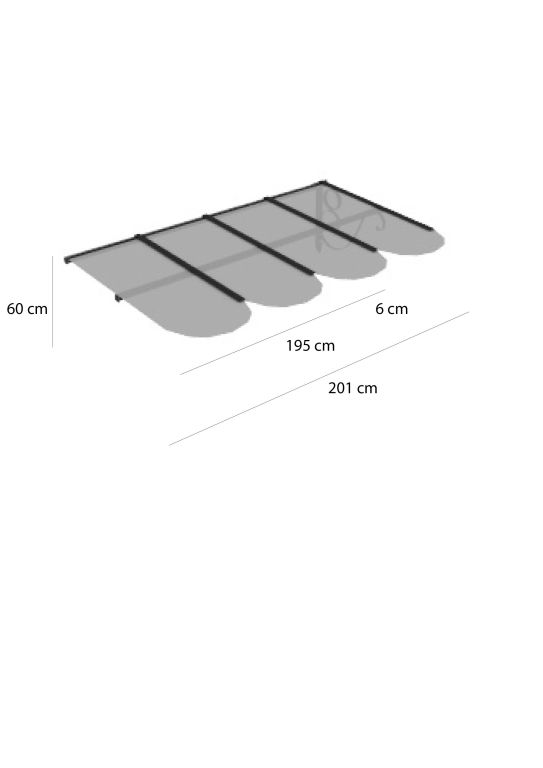 Ein Diagramm des Vordachs mit Flachdach Dafne, ein rechteckiges Objekt, das in vier Abschnitte unterteilt ist und 195 cm lang und 201 cm breit ist. Die Höhe dieser Flachdachstruktur beträgt 60 cm, wobei die Abschnitte durch 6 cm große Lücken getrennt sind. Das gesamte Objekt ist grau schattiert.