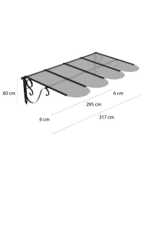 Das Vordach mit Flachdach Dafne ist eine schwarze Markise aus Metall mit gewelltem Rand und dekorativem Schnörkelwerk an den Seitenhalterungen. Sie ist 60 cm hoch, 295 cm lang, wobei die einzelnen Abschnitte 6 cm voneinander entfernt sind, und hat eine Gesamtbreite von 317 cm einschließlich Seitenabstand. Die Markise ragt 60 cm von der Wand ab.