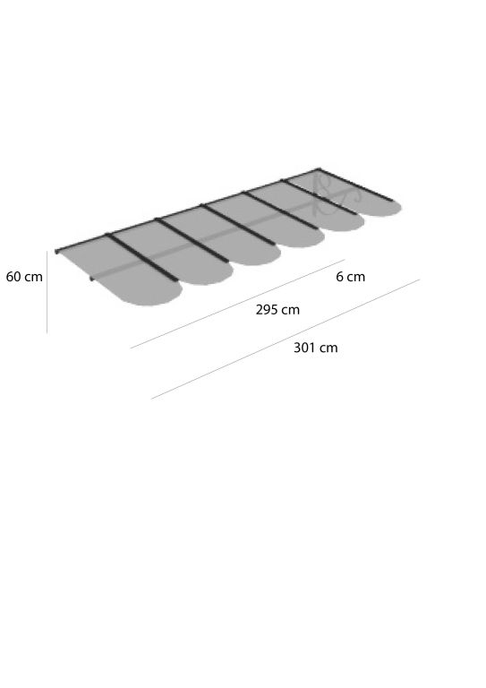 Das Vordach mit Flachdach Dafne ist eine sechskantige Konstruktion mit 60 cm Höhe, 301 cm Länge und 6 cm Breite. Die schattierte Fläche darunter weist auf eine Länge von 295 cm hin. Das Vordach ist mit Stützstäben verstärkt.