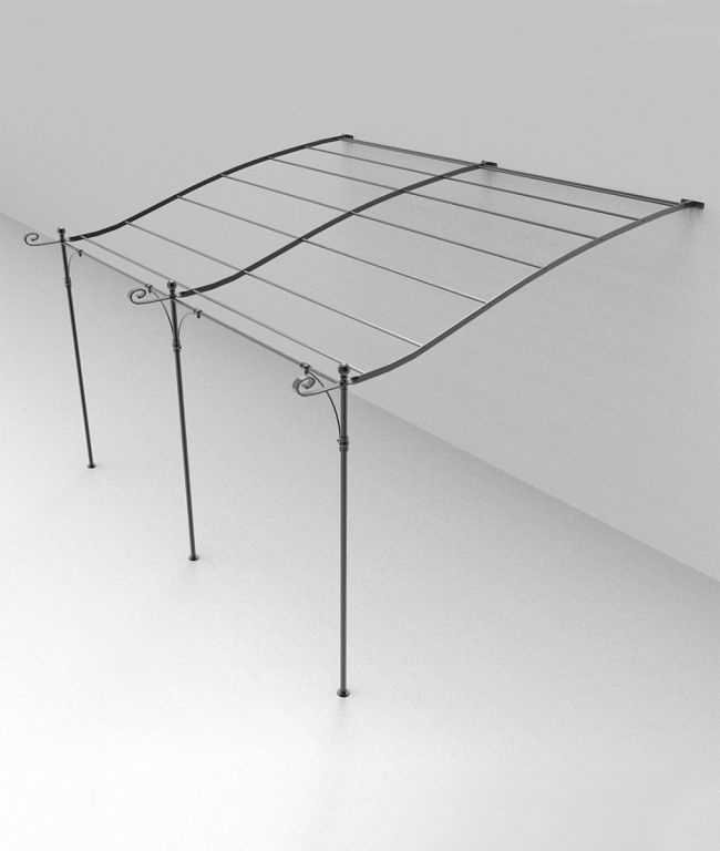 Die Gebogene Anbaupergola Solaire ist ein minimalistisches Metalldach mit einem anmutig geschwungenen Dachdesign, das von drei schlanken, an einer Wand befestigten Stangen getragen wird. Die Stangen sind oben mit dekorativen Schnörkeln verziert, die der Struktur eine elegante Note verleihen. Diese Pergola besticht durch ein schlankes und modernes Gesamtdesign.