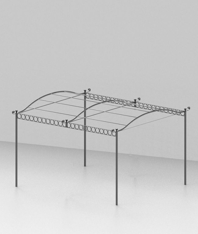 Die freistehende Pergola Tibisco aus schwarzem Metall mit Überdachung verfügt über ein gewölbtes Dachdesign und komplizierte kreisförmige Details an den Rändern, die von vier vertikalen Stangen getragen werden. Die Tibisco-Struktur steht auf einer schlichten grauen Oberfläche mit minimalistischem Hintergrund.