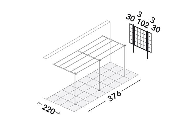 Abbildung einer linearen Anbaupergola Solaire, die an einer Wand befestigt ist. Sie verfügt über einen Metallrahmen mit vier horizontalen Balken, die von vertikalen Pfosten getragen werden. Die Abmessungen sind mit 220 cm Tiefe und 376 cm Breite angegeben. Ein eingefügtes Diagramm zeigt die Abstandsmaße für die Balken und unterstreicht das solarfreundliche Design.