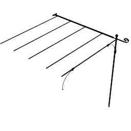 Abbildung eines minimalistischen, wandmontierten Wäscheständers Lineare Anbaupergola Solaire mit fünf horizontalen Stangen, die von einer vertikalen Stützstruktur ausgehen. Das Design verfügt über ein geschweiftes dekoratives Element an einem Ende und dünne Drähte, die für zusätzlichen Halt herabhängen und an eine Anbaupergola erinnern.