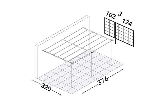 Isometrisches Diagramm einer Lineare Anbaupergola Solaire-Installation mit Angabe der Abmessungen. Die Abdeckung ist an einer vertikalen Wand befestigt, die von vier Pfosten auf einem gefliesten Boden gestützt wird. Die Struktur ist 320 cm breit, 376 cm tief und an der unteren Vorderseite 174 cm hoch mit einer Neigung von 102 cm.