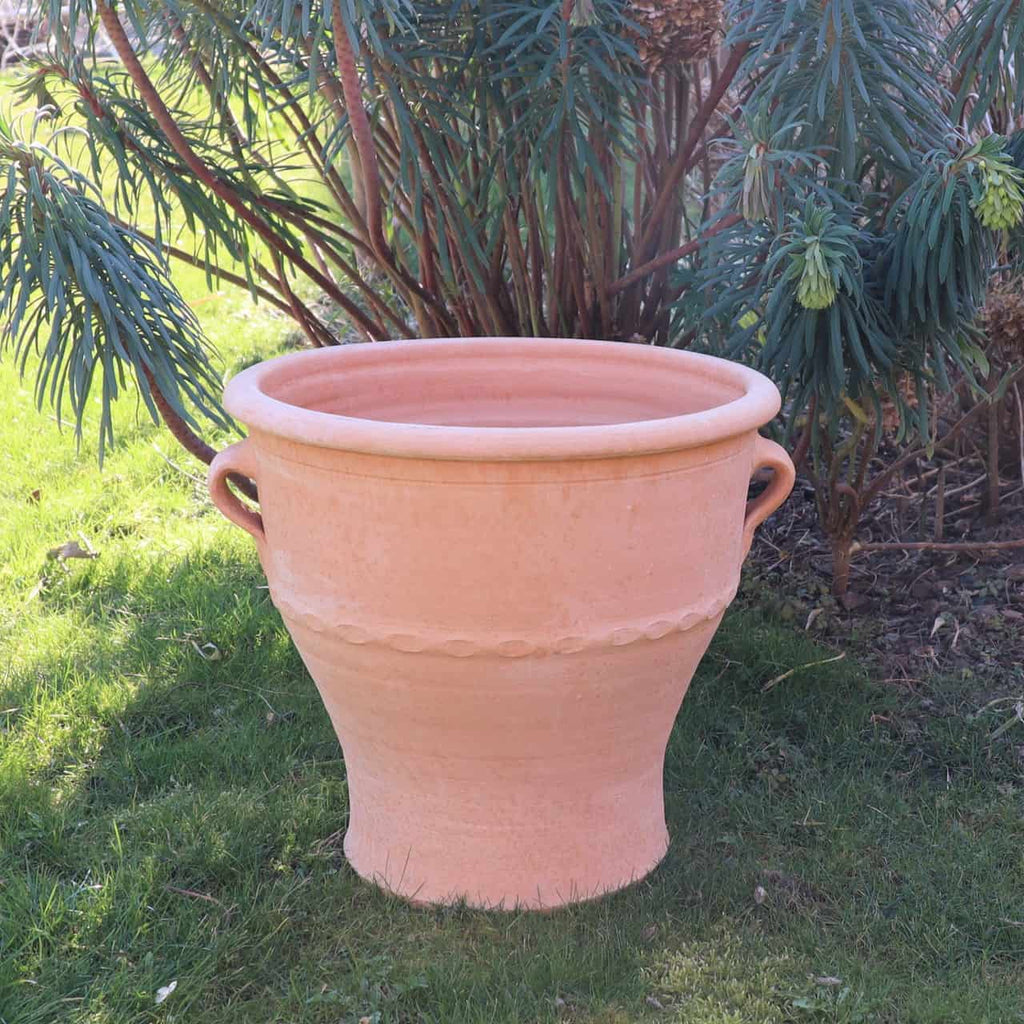 Ein großer Terrakotta-Pflanzkübel „Rosa“ mit einer Höhe von 40 cm, einem ausgestellten Boden und zwei Griffen steht auf Grasboden. Im Hintergrund schaffen üppige grüne Pflanzen und Bäume eine natürliche Gartenkulisse. Die erdigen Töne des Pflanzkübels bilden einen schönen Kontrast zu den vereinzelten rosa Blüten.