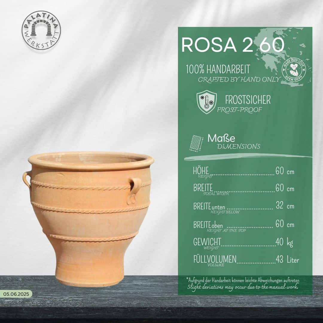 Ein Terrakotta-Pflanzkübel "Rosa 2", H=60cm, wird neben einer grünen Infotafel für das Modell "ROSA 260" gezeigt, die seine handgefertigte Qualität, seine Frostsicherheit, seine Höhe von 60cm und sein geräumiges Fassungsvermögen von 43 Litern hervorhebt.