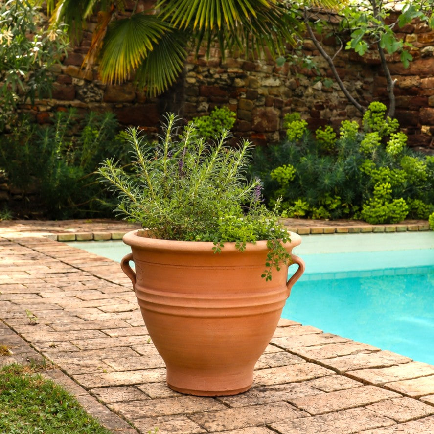 Das winterharte Terracotta-Pflanzgefäß "Rosa", H=35 cm, bepflanzt mit grünen Kräutern, steht auf einer gemauerten Terrasse an einem blauen Pool, umringt von üppigem Grün und einer Steinmauer im Garten.