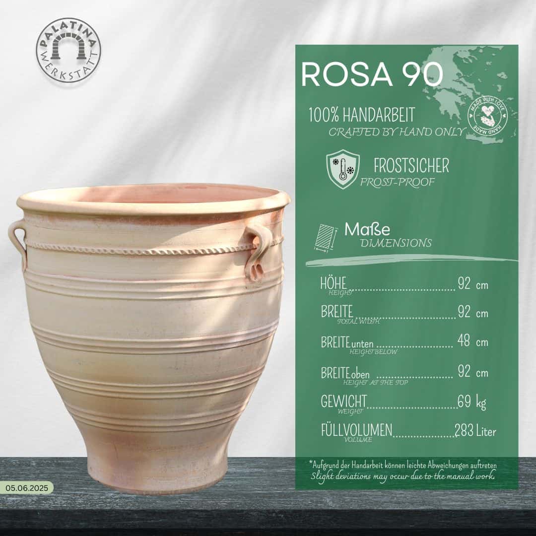 Ein großer handgefertigter Terracotta Pflanzkübel groß, XXL "Rosa", H=90 cm mit Henkeln steht neben einer grünen Infokarte, die sein Fassungsvermögen von 283 l, seine Frostsicherheit und seine handgefertigten Details zeigt. Das Markenlogo erscheint in der oberen linken Ecke.