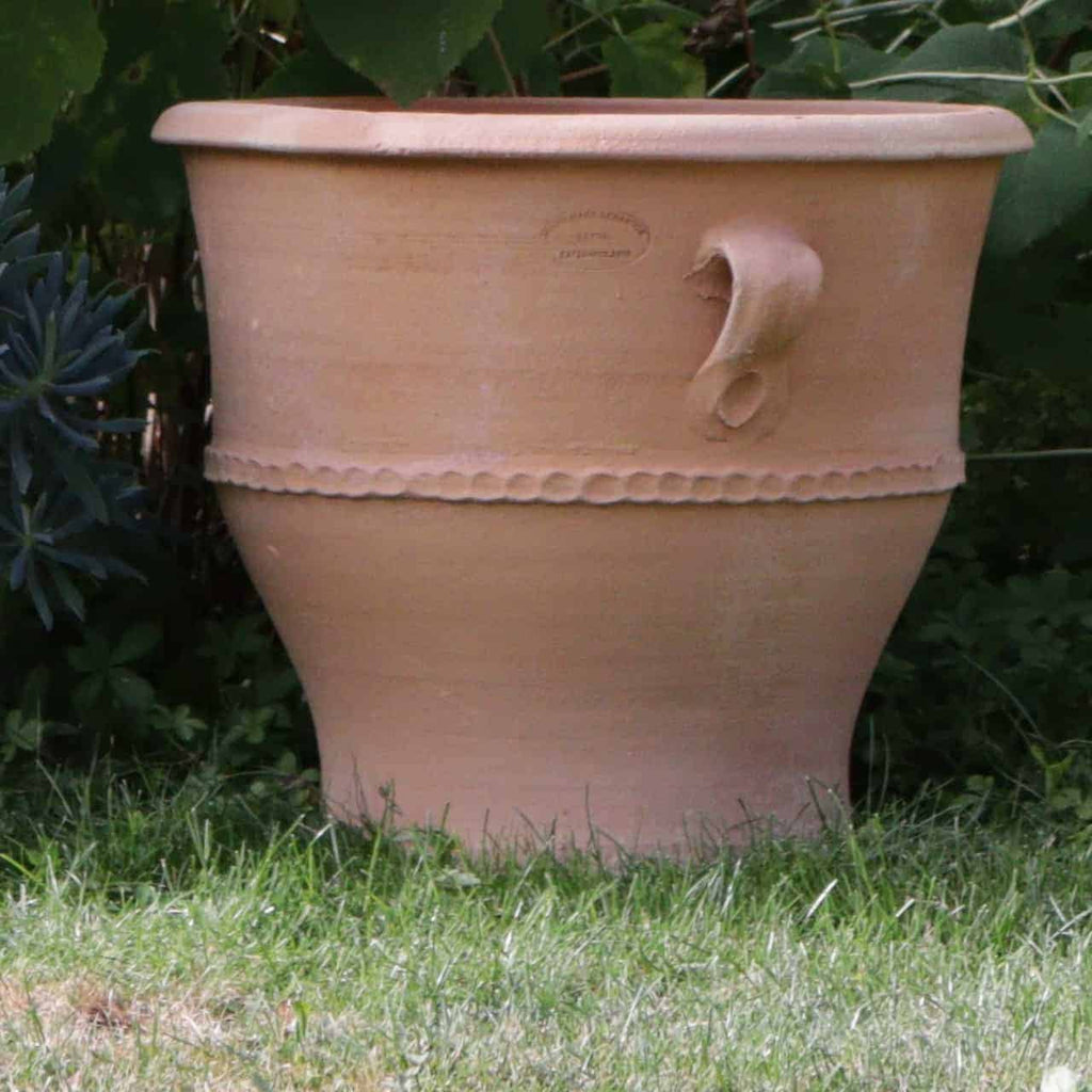 Ein Terrakotta-Pflanzkübel „Rosa 2“, H=40cm, mit dekorativem Griff und Wellenmuster um den Mittelteil steht auf Gras mit grünem Laub im Hintergrund.