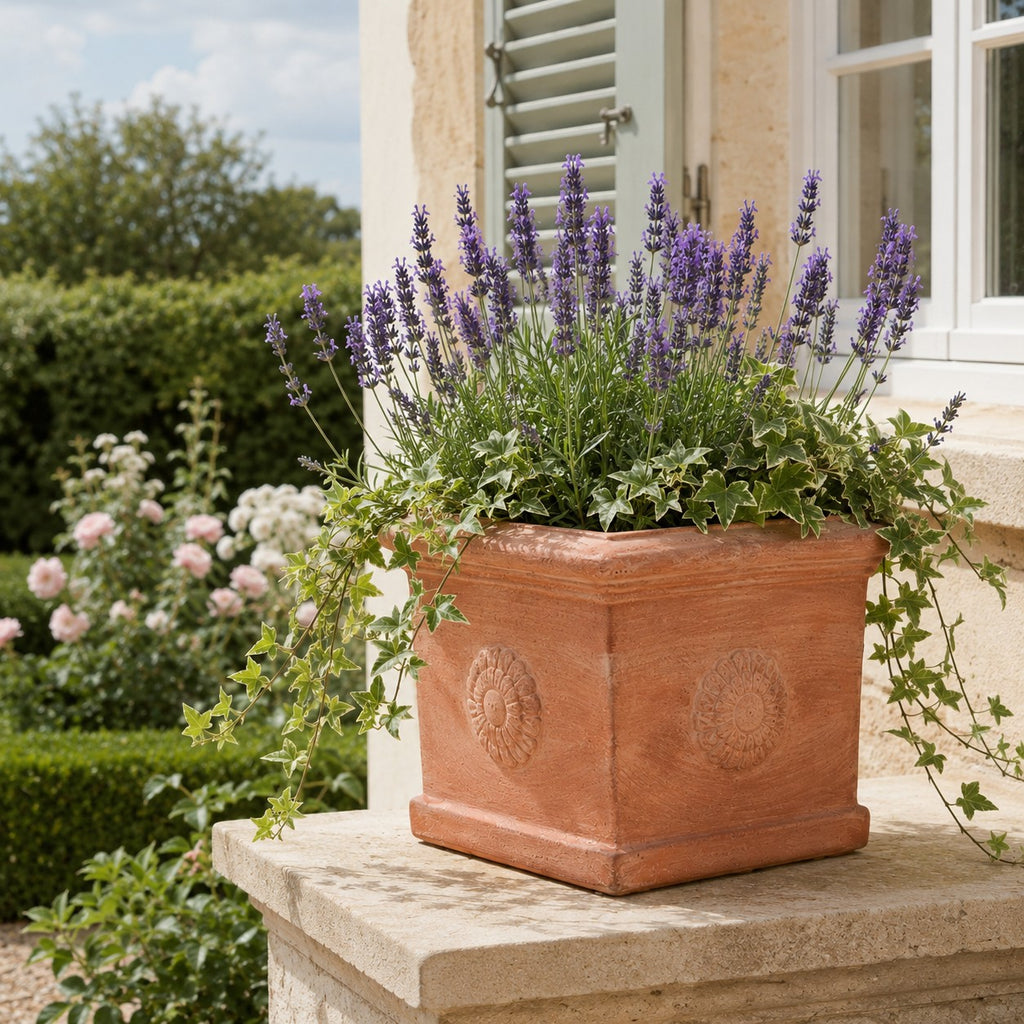 Lavendel und Efeu gedeihen in dem quadratischen Terrakotta-Kübel „Rosone“, der auf einem Steinvorsprung vor einem Fenster steht, während im Hintergrund ein Garten und blühende Blumen zu sehen sind.