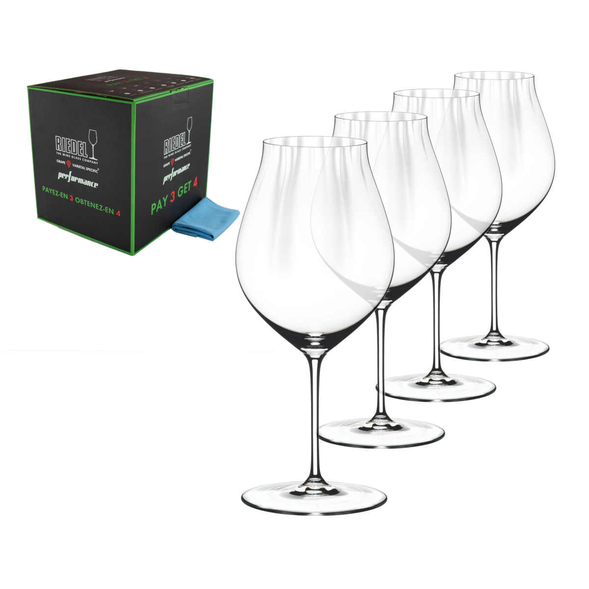 Ein Set aus vier klaren Rotweingläsern mit Stiel von Riedel Performance Pinot Noir, perfekt für Weinliebhaber, steht in einer Reihe. Links davon befindet sich eine schwarz-grüne Schachtel mit der Aufschrift „Riedel“, die weitere Rotweingläser und ein blaues Poliertuch enthält. Die Schachtel ist mit einer „Zahle 3, bekomme 4“-Aktion ausgestattet.