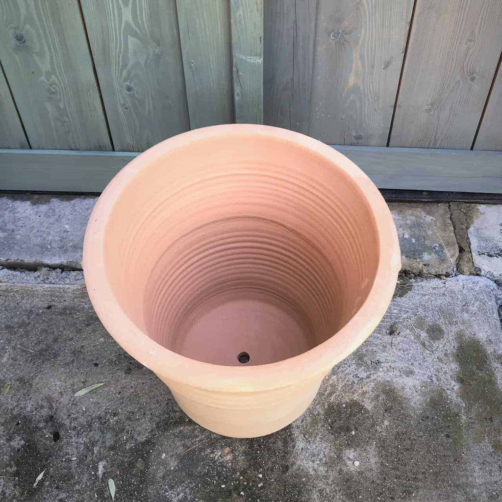 Ein großer, leerer Terrakotta-Pflanztopf, Blumenkübel „Salvia“, 34 cm hoch mit einem Abflussloch am Boden, steht auf einem Betonboden vor einem Holzzaun. Der Pflanztopf hat eine glatte, leicht gerippte Textur, die sich ideal eignet, um Pflanzen wie Salvia hinzuzufügen, um dem Raum mehr Leben und Farbe zu verleihen.