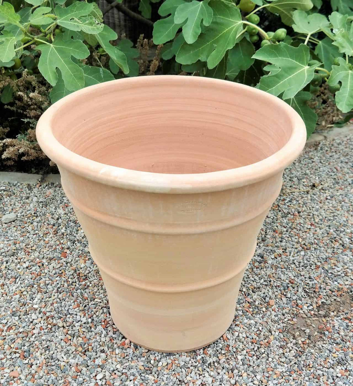 Ein frostfester Terrakotta-Pflanzkübel „Hibiscus“, H=50 cm, steht auf einem Kiesweg. Im Hintergrund verstärken grüne Blattpflanzen seinen natürlichen Charme. Der große, beige, strukturierte Blumentopf ist leer und weist eine leicht konische Form auf, die oben breiter und unten schmaler wird.