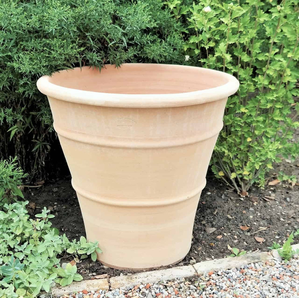 Der frostfeste Terrakotta-Pflanzkübel „Hibiscus“ ist 50 cm hoch und steht leer auf einem Kiesweg, umgeben von üppigen grünen Sträuchern und einem blühenden Hibiskus. Dieser Pflanzkübel hat ein einfaches, unglasiertes Design mit einer leicht konischen Form und passt in eine ruhige Gartenumgebung.