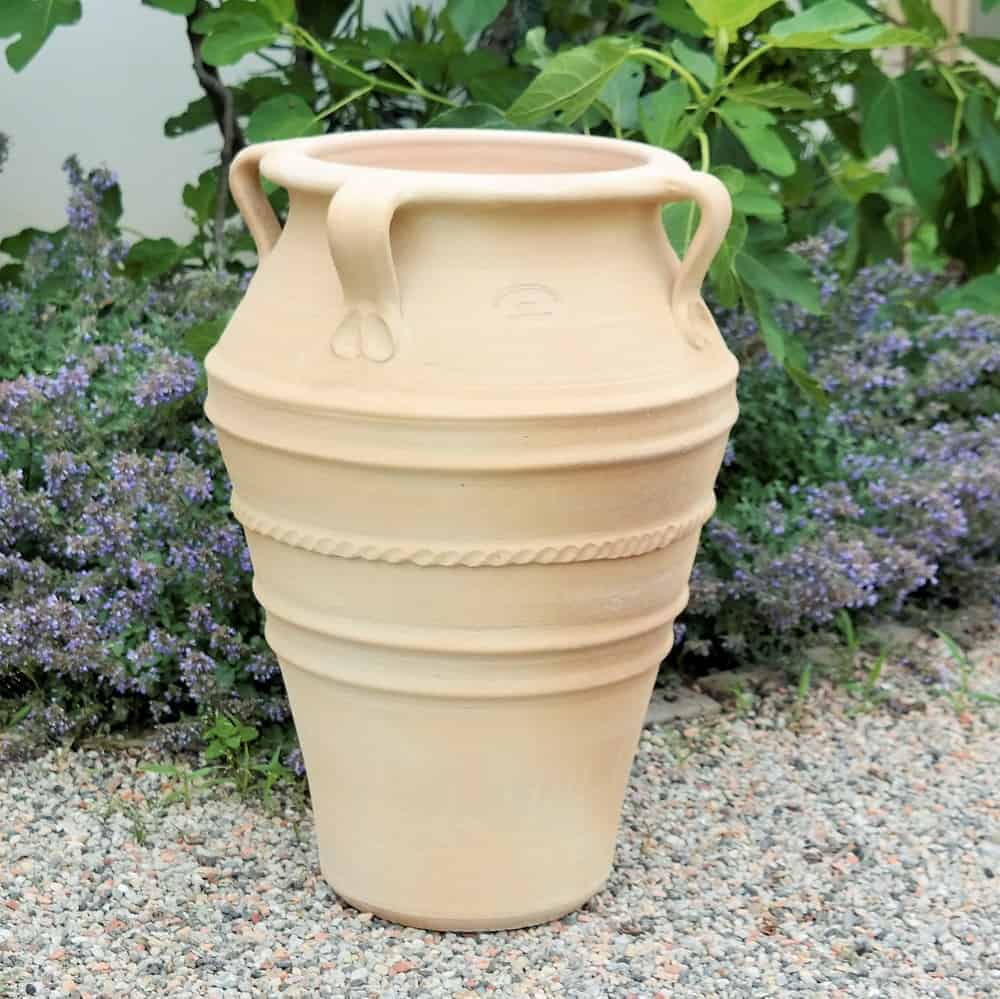 Die frostfeste Terrakotta-Amphore mit Henkel „Datura“, 50 cm hoch, in Beige mit verzierten Bändern und vier Henkeln, steht auf einer Kiesfläche. Im Hintergrund sind üppige Datura-Pflanzen und grünes Blattwerk zu sehen.
