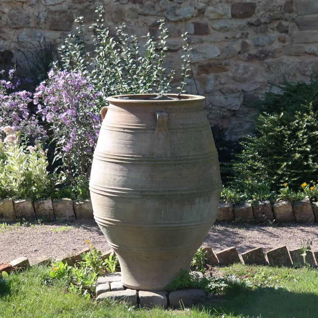 Eine XXL-Terrakotta-Amphore „Thymus“ mit einer Höhe von 100 cm steht auf einem kleinen Ziegelpodest im Garten. Blühende lila Blumen, grüne Sträucher und verschiedene andere Pflanzen umgeben die Urne, darunter auch Thymus. Den Hintergrund bildet eine sonnenbeschienene Steinmauer.