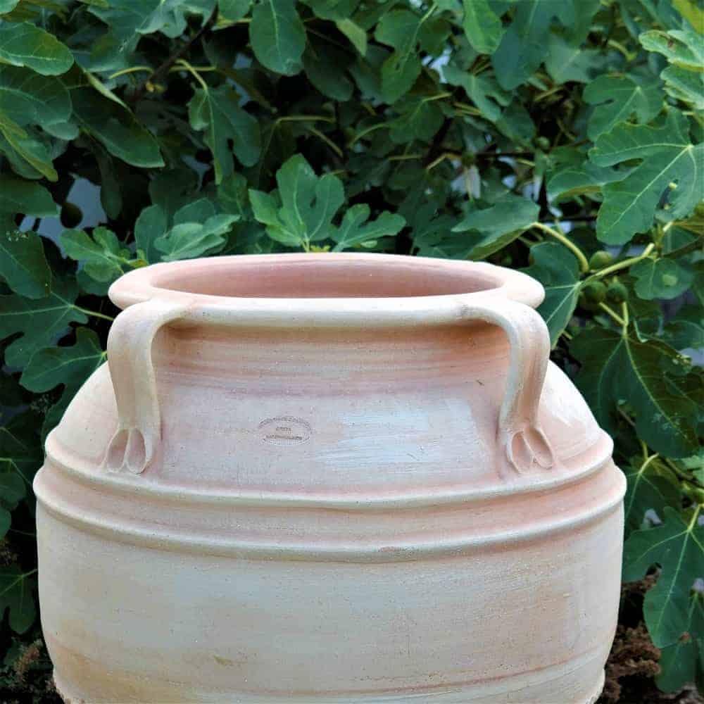 Eine große, frostsichere Terrakotta-Amphore namens „Datura“, 90 cm hoch, mit zwei geschwungenen Henkeln oben, steht vor dichtem grünem Laub. Der Topf hat eine natürliche, unglasierte Oberfläche mit sichtbaren Ringen und subtilen Farbvariationen.