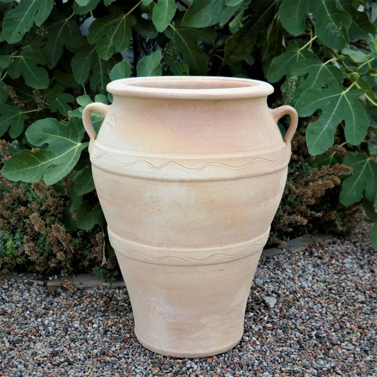 Eine große, beige, frostfeste Terrakotta-Amphore "Olea" H=100 cm mit Henkeln an beiden Seiten steht auf einer Kiesfläche, im Hintergrund grünes Laub. Die Vase besticht durch ein schlichtes Design mit einem Wellenlinienmuster um den Mittelteil.