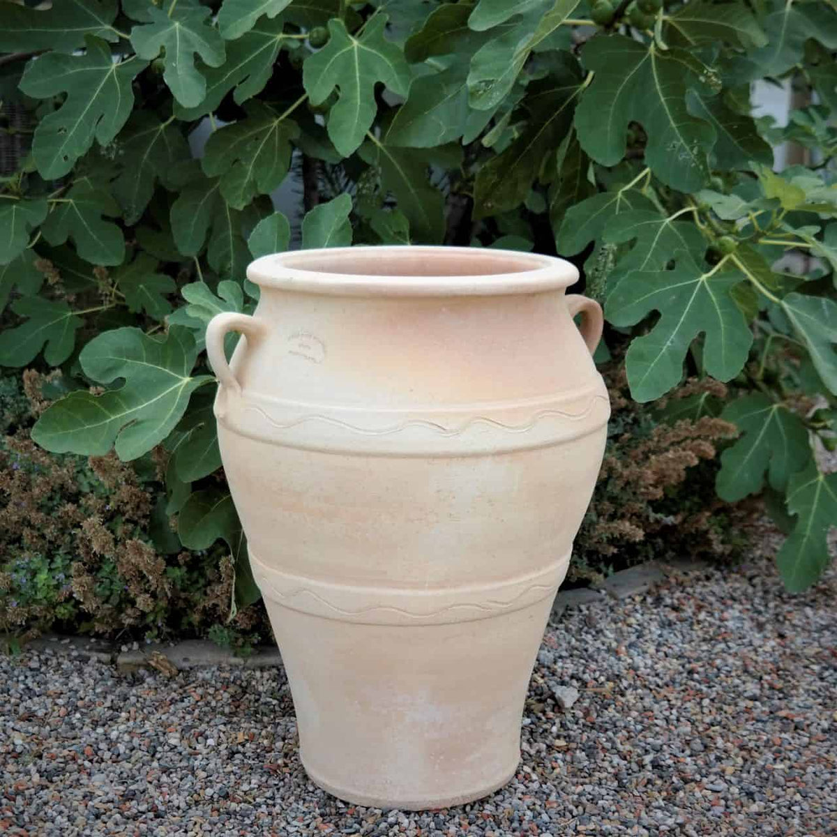 Die frostbeständige Terrakotta-Amphore „Olea“ (H= 100 cm) mit dekorativem Wellenmuster und zwei Henkeln steht im Freien auf einem Kiesbett, im Hintergrund von üppigem grünem Laub eingerahmt. Die Urne besticht durch ein traditionelles, rustikales Aussehen und kann zur Aufbewahrung oder als Gartendekoration verwendet werden.