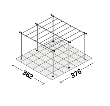 Isometrisches Diagramm der freistehenden linearen Pergola Solaire oder Überdachungsstruktur mit angegebenen Abmessungen. Die Struktur wird mit einem quadratischen Fliesenboden und einem Metallrahmen einschließlich horizontaler Stützbalken gezeigt. Die angegebenen Abmessungen sind 362 cm für die Breite und 376 cm für die Tiefe.