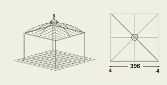 Eine technische Zeichnung der quadratischen Pavillonstruktur des Pavillon Tibisco mit Kuppeldach. Die Vorderansicht zeigt vier Stützsäulen und komplizierte Dachdetails, während die Draufsicht ein quadratisches Rasterlayout mit einem zentralen Kreis zeigt. Die Abmessungen sind deutlich gekennzeichnet, wobei die Breite des Quadrats mit 396 und die Seitenränder mit 4 angegeben sind.