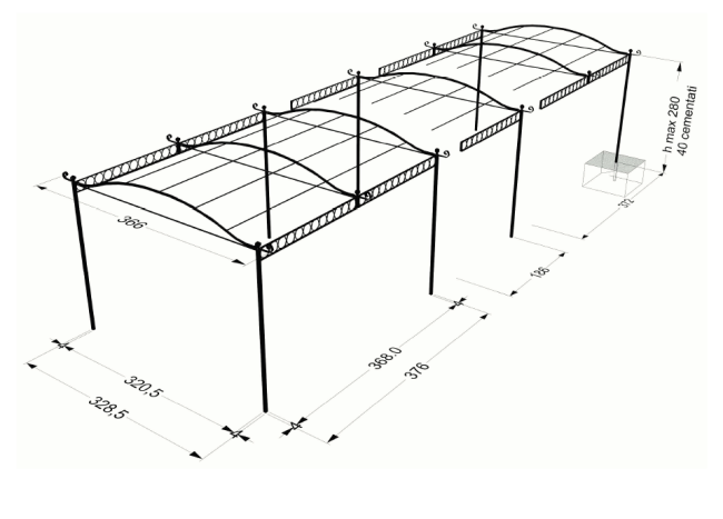 Ein 3D-Diagramm der freistehenden Pergola Tibisco mit Überdachung mit drei verbundenen Abschnitten. Jeder Abschnitt hat ein gewölbtes Dach und detaillierte Maße für Breite, Höhe und Tiefe in Zentimetern. Die Gesamtlänge beträgt 965 cm, die Tiefe 328,5 cm und die Höhe 280 cm, was sie zu einer idealen Überdachungslösung macht.