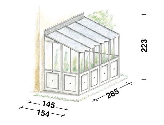 Abbildung des Gewächshauses „Orangerie als Anbaumodell von einer Hauswand“ an einer Hauswand, mit Maßangaben. Die Frontbreite beträgt 285 cm, die Tiefe 154 cm und die Höhe 223 cm. Glasplatten bedecken die Oberseite und die Seiten, während die Bodenplatten massiv sind. Im Inneren des Gewächshauses „Orangerie“ sind grüne Pflanzen zu sehen.