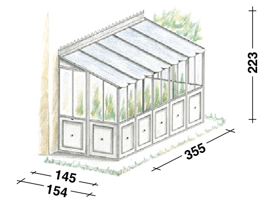 Abbildung der Orangerie als Anbaumodell von einer Hauswand mit klaren Paneelen und schrägem Dach. Als Maße sind angegeben: Höhe 243 cm, Länge 355 cm, Tiefe 145 cm am unteren Ende und 154 cm am oberen Ende. Im Inneren sind Grünpflanzen zu sehen.