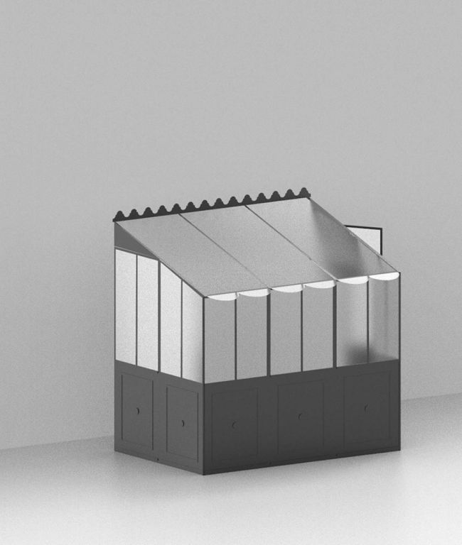 Ein minimalistisches, kleines Gewächshaus mit schrägem Dach, das oben aus transparenten Platten und unten aus dunkleren, undurchsichtigen Platten besteht. Die moderne Orangerie als Anbaumodell von einer Hauswand zeichnet sich durch ein schlichtes Design aus und steht vor einem schlichten, hellgrauen Hintergrund.