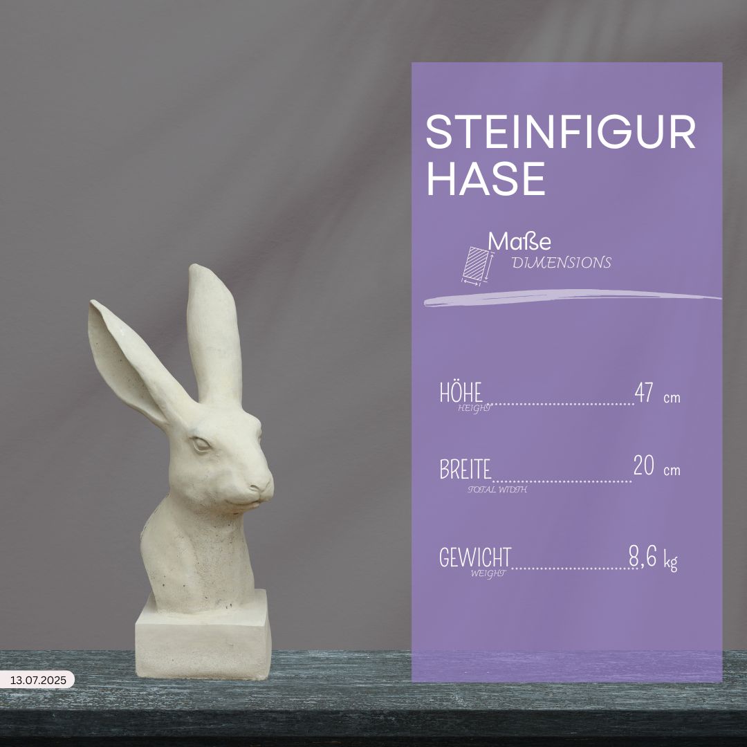 Die handgefertigte Steinfigur "Hase" aus Deutschland, ein weißer Steinhase mit langen Ohren, steht auf grauem Untergrund. Eine lila Grafik zeigt die Maße: 47 cm hoch, 20 cm breit, Gewicht 8,6 kg.