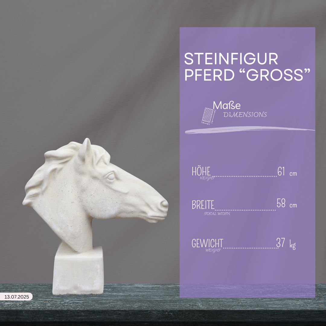Eine weiße, handgefertigte Steinfigur "Pferd groß" ist auf einer dunklen Fläche mit grauem Hintergrund abgebildet. Daneben ist ein lila Kasten aufgeführt: Höhe 61 cm, Breite 58 cm, Gewicht 37 kg und den Schriftzug "STEINFIGUR PFERD 'GROSS'".