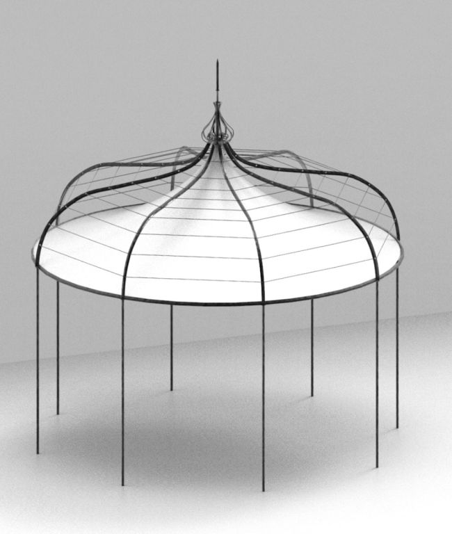Ein Schwarzweißbild eines Pavillon Solaire rund, das seinen Metallrahmen und die gewölbte Dachkonstruktion zeigt. Der Pavillon mit seinen schlanken, geschwungenen Linien verkörpert minimalistisches Design. Er steht auf dünnen vertikalen Stützen und erzeugt so ein elegantes und offenes Erscheinungsbild.