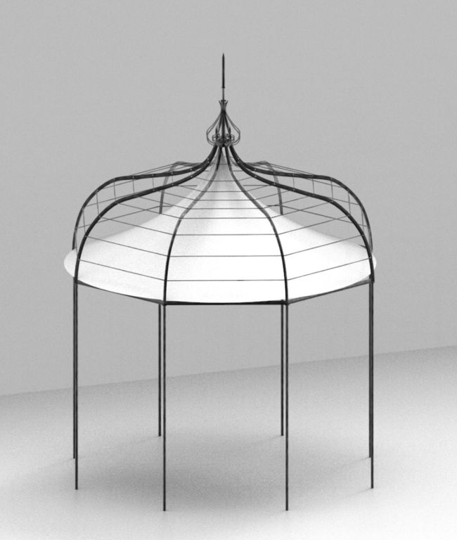 Der „Pavillon Solaire achteckig“ ist ein digital gerenderter Pavillon mit einem gewölbten, verzierten Dach, das von schlanken Metallsäulen getragen wird, alles vor einem schlichten grauen Hintergrund. Die Struktur besticht durch ein elegantes und kompliziertes Design, das den Charme viktorianischer oder klassischer Architektur hervorruft.