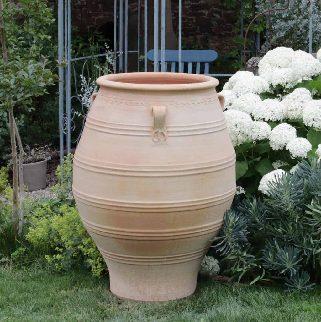 Eine große, beige XXL Terrakotta Amphore „Thymus“ mit 100 cm Höhe und horizontal gerippter Struktur steht auf einem sattgrünen Rasen, umgeben von weißen Blumen und verschiedenen Grünpflanzen. Im Hintergrund sind ein metallener Gartenstuhl und ein Torbogen zu erkennen.