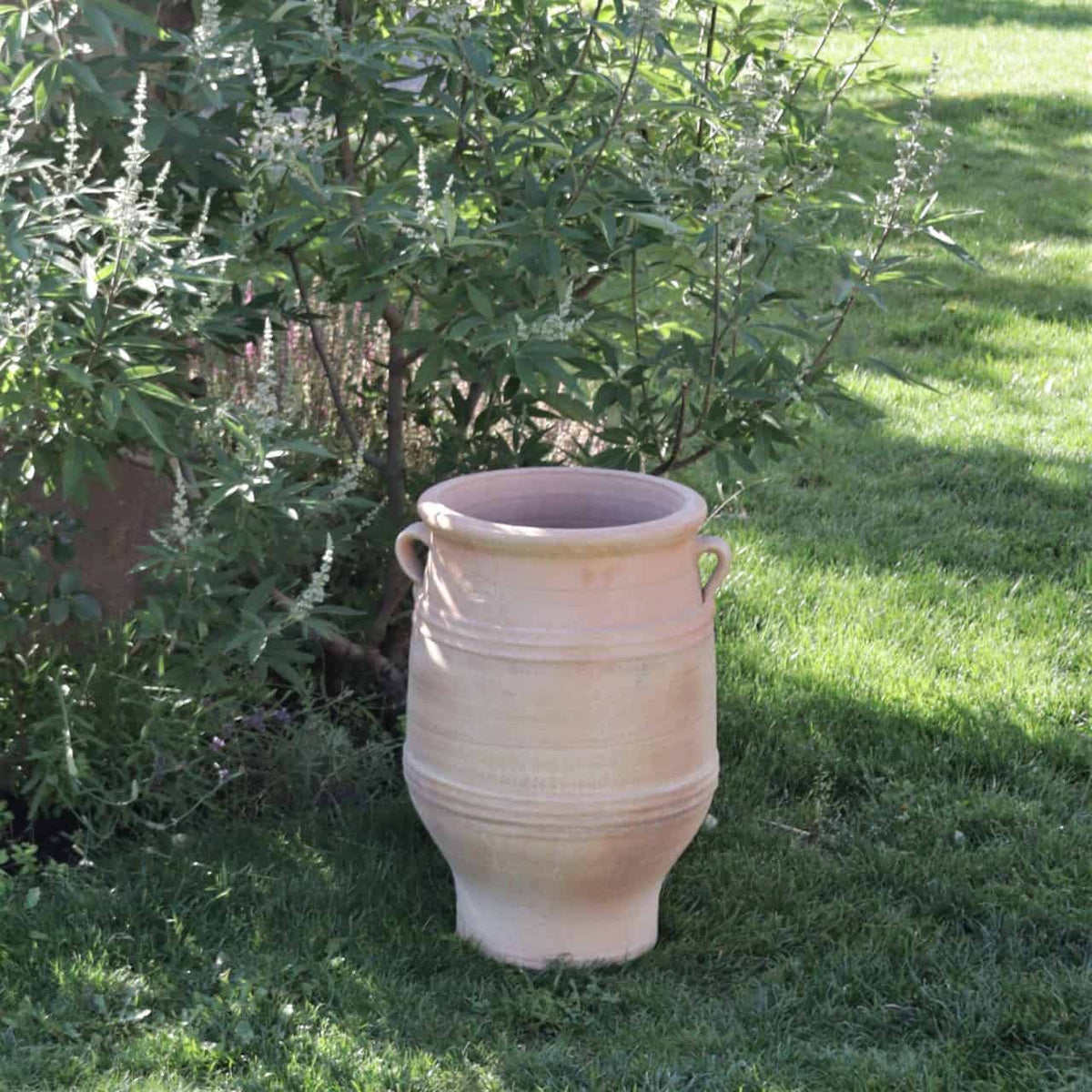 Ein großer, beigefarbener, frostfester Amphore Garten „Thymus“ mit zwei kleinen Henkeln an beiden Seiten steht auf einem sauber gemähten grünen Rasen. Hinter dem Topf befinden sich grüne Blätterbüsche und andere Pflanzen, die einen natürlichen Hintergrund in einer Gartenumgebung im Freien bilden.