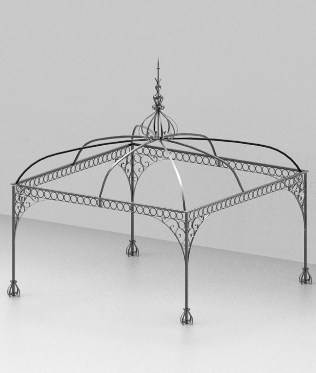 Der Pavillon Tibisco ist ein Pavillon aus Metall mit einem kunstvollen Design, das dekorative Schleifen und eine Turmspitze in der Mitte aufweist. Diese quadratische Struktur hat abgerundete Bögen und steht auf vier Beinen auf einer hellen, glatten Oberfläche.