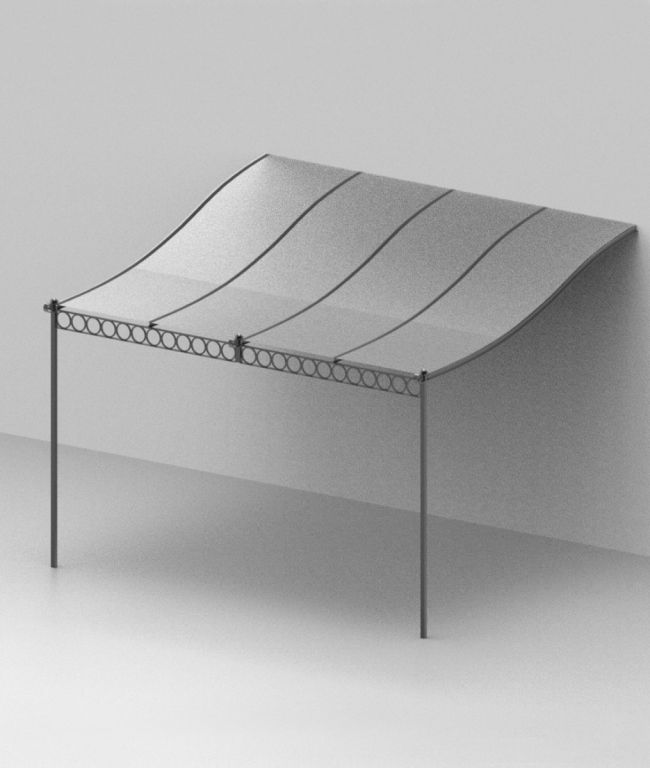 Die Anbaupergola Tibisco mit Überdachung aus Polykarbonat ist eine minimalistische architektonische Markise mit elegantem, geschwungenem Design. Sie besteht aus einer Reihe von Metallplatten, die vorne von dünnen Stangen getragen und hinten an einer Wand befestigt werden, wodurch ein moderner und funktionaler Unterstand im Freien entsteht.