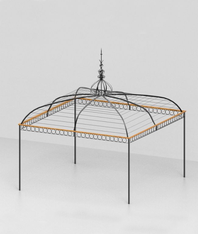 Der Pavillon Tibisco ist ein schwarzer Metallpavillonrahmen, der mit einer verzierten, spitzen Oberseite und kreisförmigen Mustern an den Seiten geschmückt ist. Diese elegante Struktur verfügt über eine quadratische Basis, die von vier vertikalen Säulen getragen wird, und ein offenes Dach, das die komplizierten Metalldetails hervorhebt. Weißer Hintergrund.