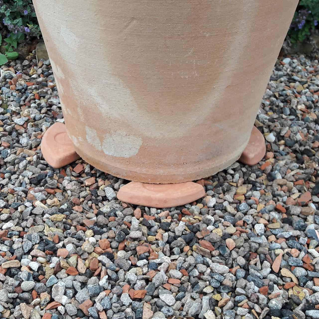 Ein großer Blumentopf aus Terrakotta, der auf vier geschwungenen Füßen des Terrakotta-Topfecken-Sets 4 St. steht, ruht auf einem Bett aus kleinen, bunten Kieselsteinen. Im Hintergrund sind kleine grüne Pflanzen zu sehen, die eine ideale Szene für diejenigen schaffen, die das Terrakotta-Topfecken-Set 4 St. kaufen möchten.