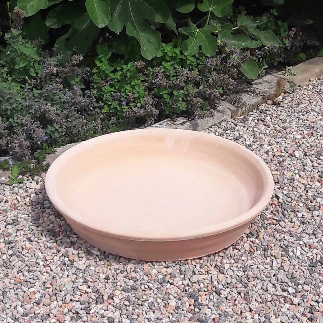 Ein flacher, runder Unterteller aus Terrakotta, Untersetzer 30 cm, Vogelbad steht auf einer Kiesfläche. Der Hintergrund ist mit grünem Laub und einigen tief hängenden violetten Blumen geschmückt und sorgt für eine natürliche Gartenkulisse.