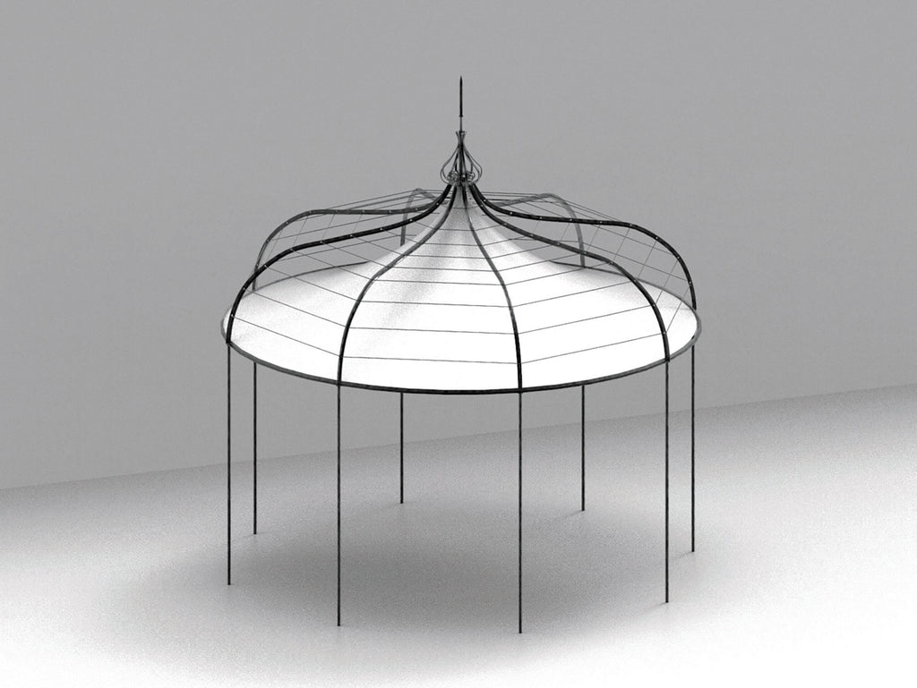 Ein minimalistischer, kuppelförmiger Pavillon Solaire achteckig mit Drahtgitterdesign und spitzer Spitze steht auf schlanken Stützen vor einem schlichten, gedämpften Hintergrund und wirft schwache Schatten auf den Boden.