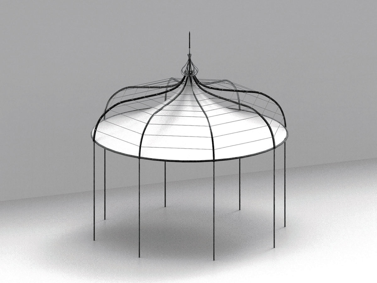 Ein minimalistischer, kuppelförmiger Pavillon Solaire achteckig mit Drahtgitterdesign und spitzer Spitze steht auf schlanken Stützen vor einem schlichten, gedämpften Hintergrund und wirft schwache Schatten auf den Boden.