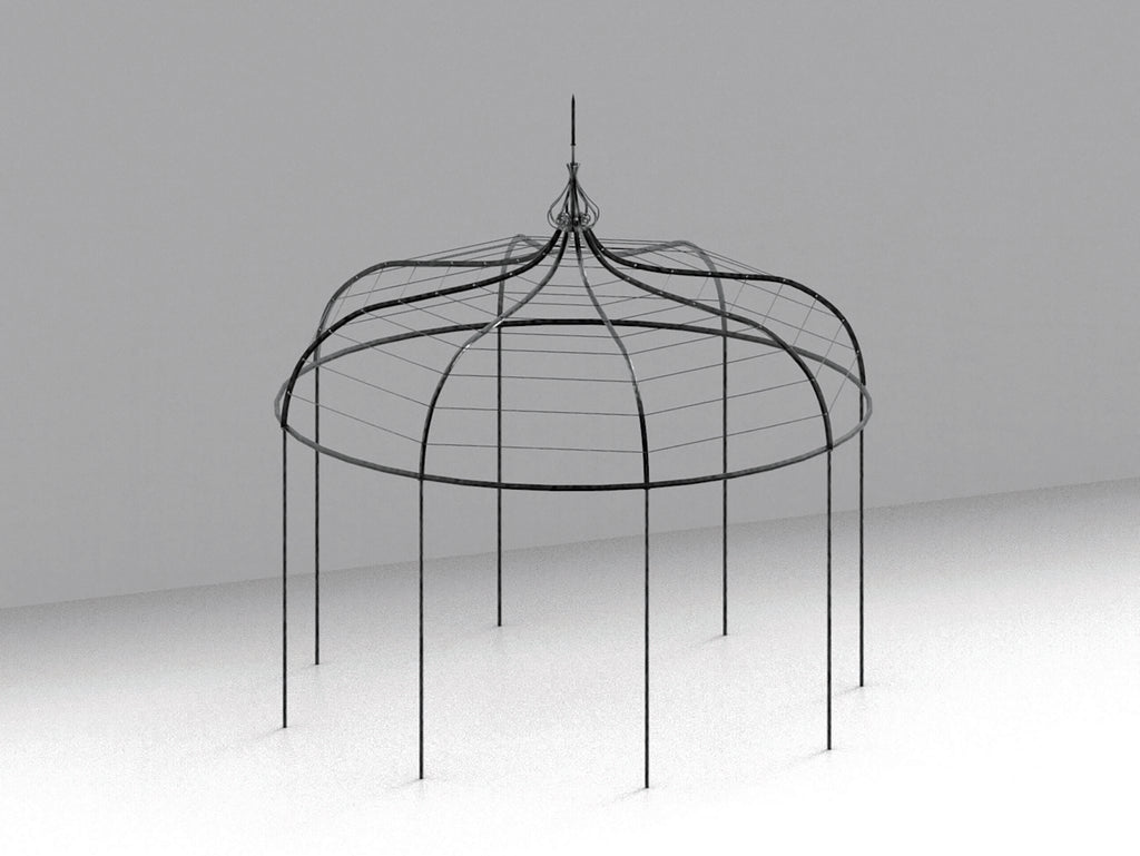 Das Bild zeigt eine minimalistische, skulpturale Struktur in Drahtgitterform, die dem Pavillon Solaire achteckig ähnelt. Das achteckige Design umfasst eine kuppelartige Spitze mit mehreren Bögen, die sich in einem zentralen Punkt kreuzen und von dünnen Stangen getragen werden. Der Hintergrund ist ein Farbverlauf aus sanften Grautönen, der Gelassenheit und Eleganz ausstrahlt, ähnlich wie der Pavillon Solaire.