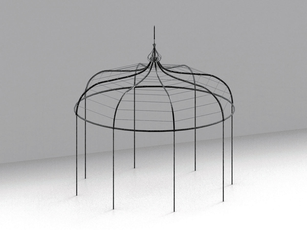 Das Bild zeigt eine minimalistische, skulpturale Struktur in Drahtgitterform, die dem Pavillon Solaire achteckig ähnelt. Das achteckige Design umfasst eine kuppelartige Spitze mit mehreren Bögen, die sich in einem zentralen Punkt kreuzen und von dünnen Stangen getragen werden. Der Hintergrund ist ein Farbverlauf aus sanften Grautönen, der Gelassenheit und Eleganz ausstrahlt, ähnlich wie der Pavillon Solaire.