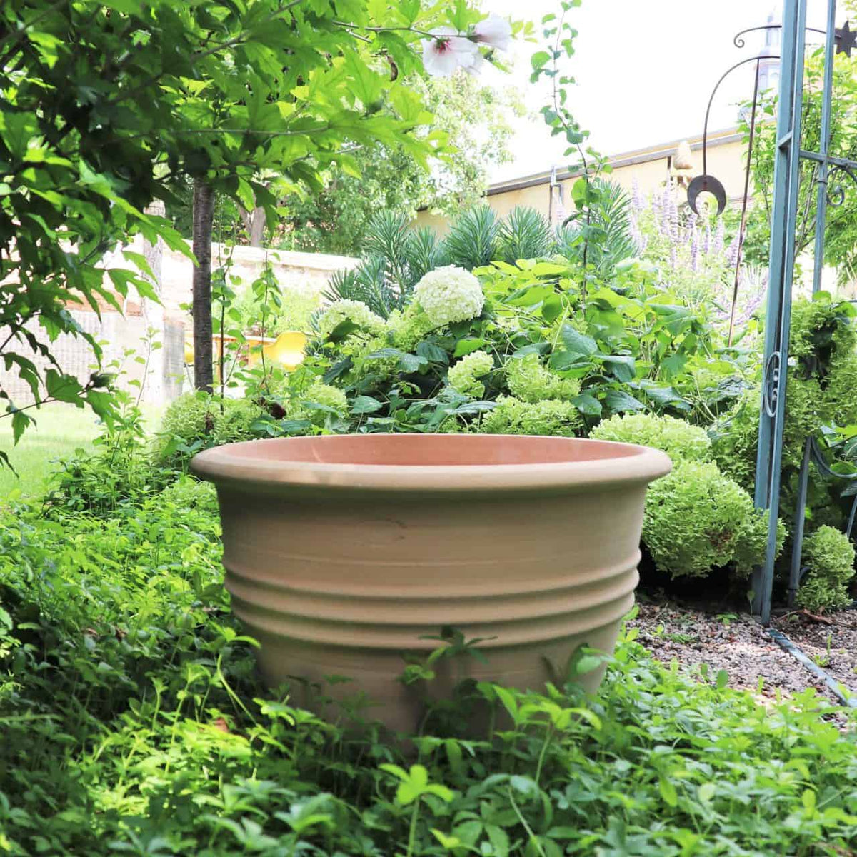In einem üppigen Garten, umgeben von grünem Laub und verschiedenen Pflanzen, steht ein großer, leerer „klassischer Blumentopf ‚Veronica‘“ (D=45 cm) auf dem Boden. Im Hintergrund sind teilweise ein 45 cm hohes Gartenspalier und ein Holzzaun zu sehen. Helle Veronica-Blüten verleihen der ruhigen Szene Farbtupfer.