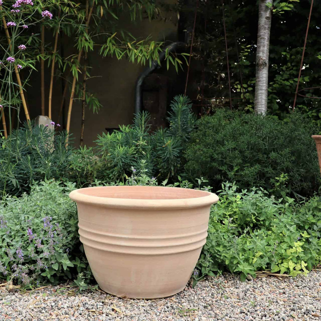 Ein großer, leerer, beigefarbener Terrakotta-Blumentopf „Veronica“, D=45 cm, steht auf einer Kiesfläche in einer Gartenumgebung. Hinter dem Topf befinden sich grüne Sträucher, Bambusstäbe und verschiedene andere Pflanzen, darunter links lila Veronica-Blüten. Die Szene suggeriert eine friedliche Gartenumgebung.