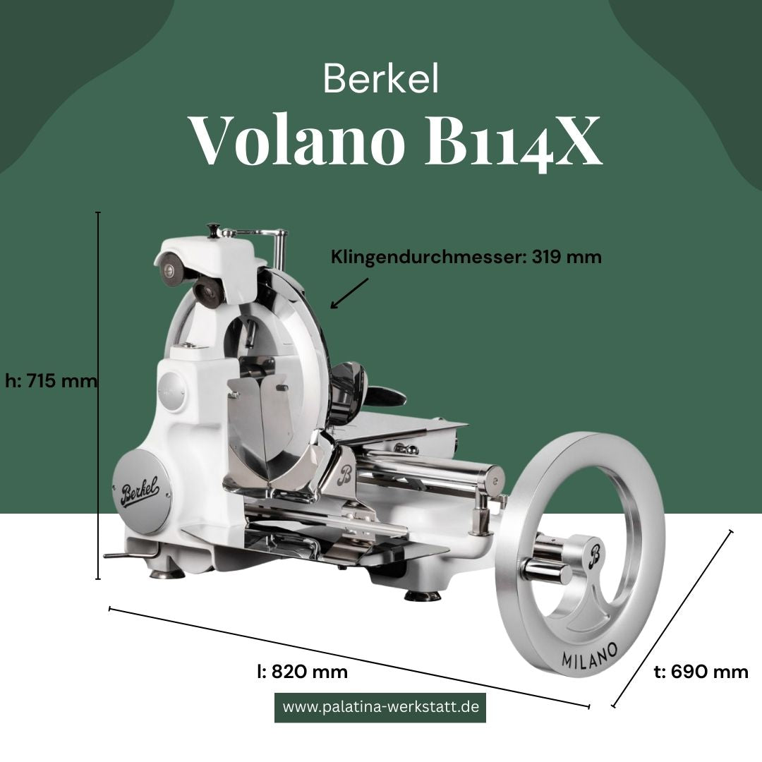 Die Berkel Volano B114X - Exklusive Schwungradmaschine mit Standfuß und Fassholzbrett bietet eine 319-mm-Klinge, große Handkurbel sowie Maße: H 715 mm, L 820 mm, B 690 mm. Mehr Infos auf palatina-werkstatt.de.